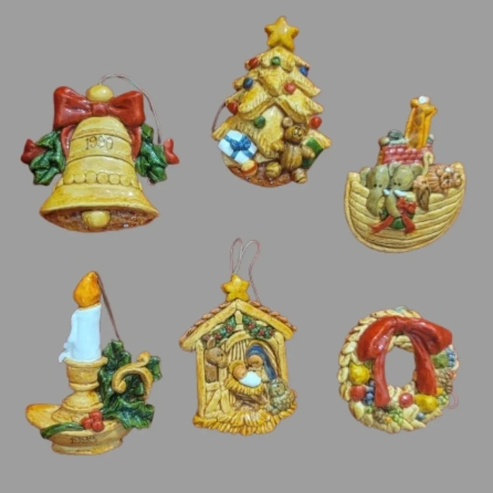 Vintage Holiday Ornament Set 6  Tree Bell Noahs Arc Candle Nativity Wreath